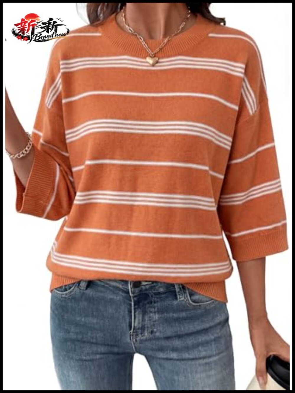 Oversized 3/4 Sleeve Striped Lightweight Knit Sweater Pullover Women's Cotton